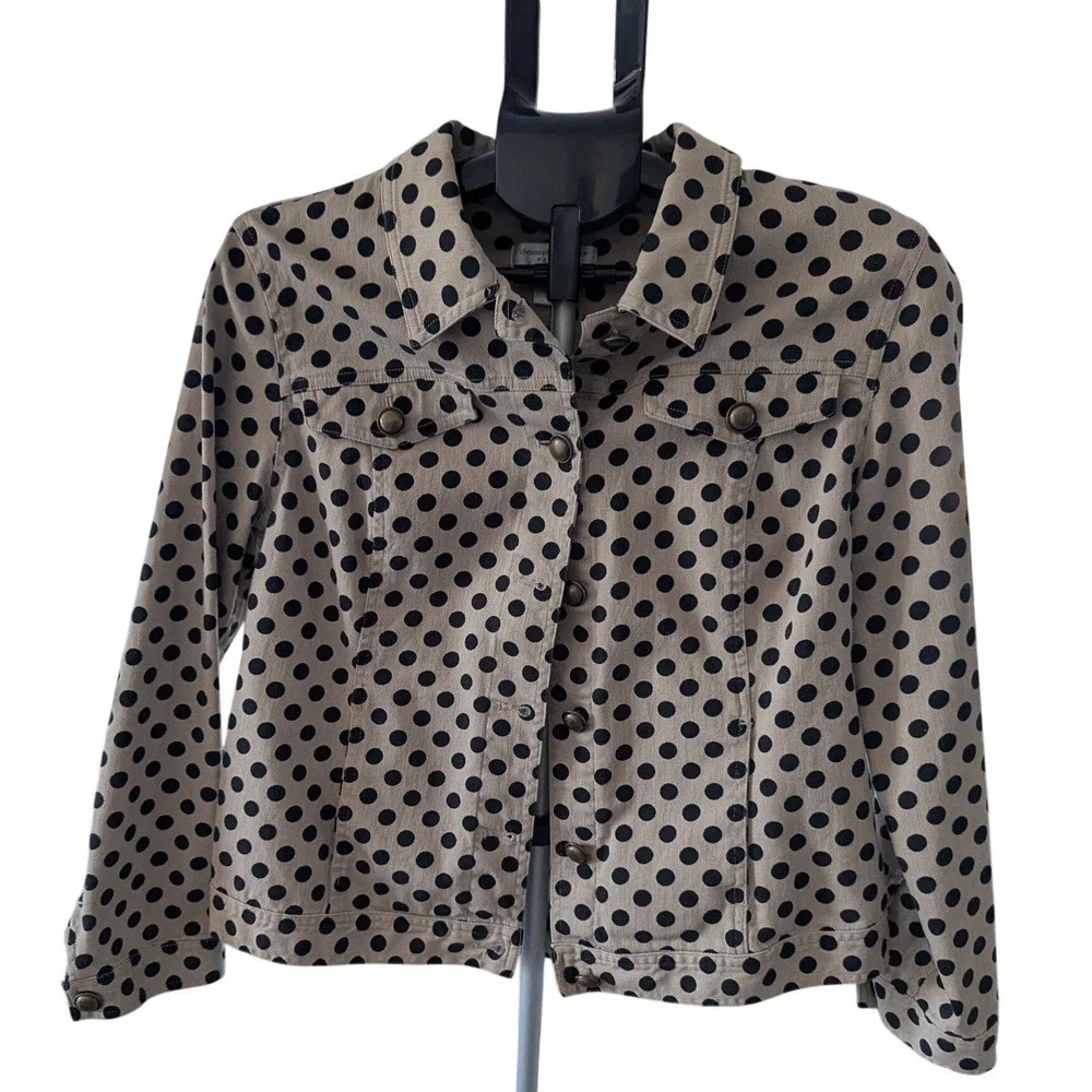 Christopher & Banks Petite Polka‎ Dot Denim Jacket Tan Black Button Front PM